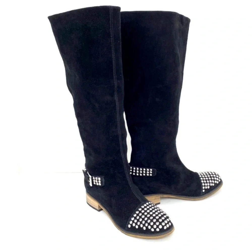 KELSI Dagger Studded Cup toe Rover Suede Knee High Riding Moto Boot in Black